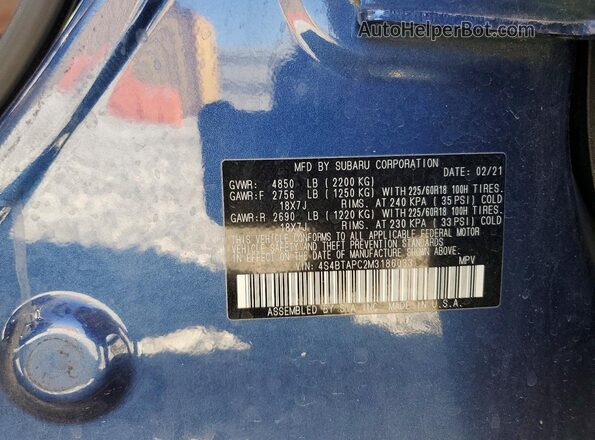 4S4BTAPC2M3186033 2021 SUBARU OUTBACK Синий Вид подкапотного пространства