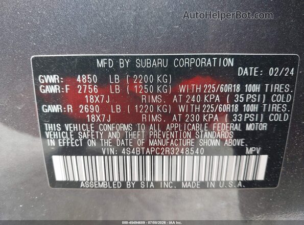 4S4BTAPC2R3248540 2024 SUBARU OUTBACK Gray Vista del compartimento del motor