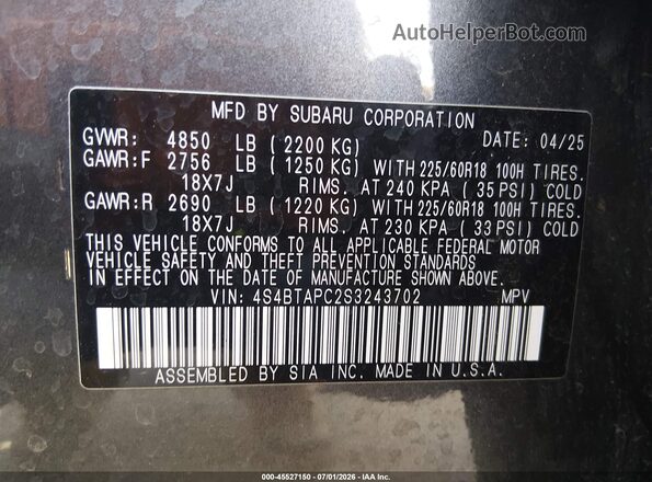 4S4BTAPC2S3243702 2025 SUBARU OUTBACK Серый Вид подкапотного пространства