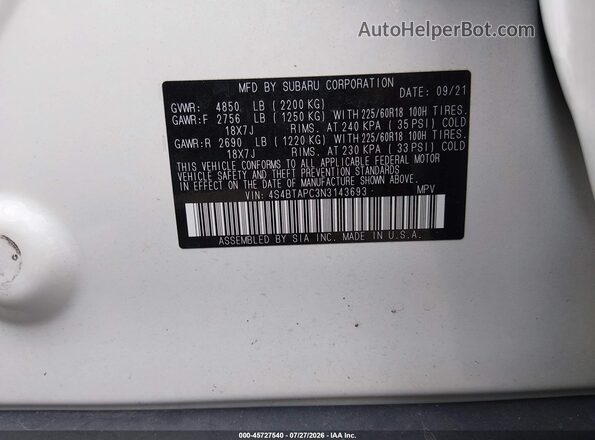 4S4BTAPC3N3143693 2022 SUBARU OUTBACK Белый Вид подкапотного пространства