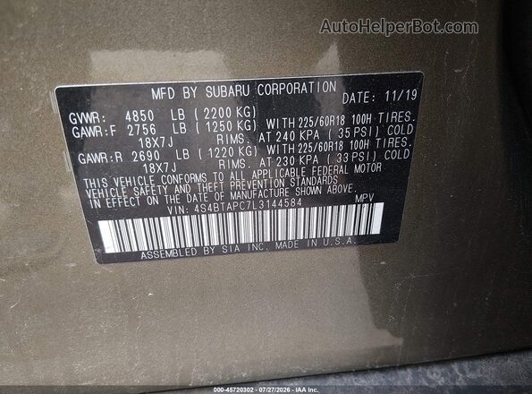 4S4BTAPC7L3144584 2020 SUBARU OUTBACK Green Вид підкапотного простору
