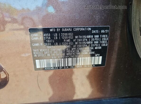 4S4BTAPC7N3105433 2022 SUBARU OUTBACK Коричневый Панорамный вид салона 360°