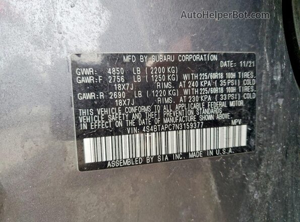 4S4BTAPC7N3159377 2022 SUBARU OUTBACK Серый Вид наклейки с VIN-кодом