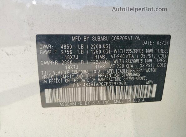 4S4BTAPC7R3297068 2024 SUBARU OUTBACK White VIN sticker view