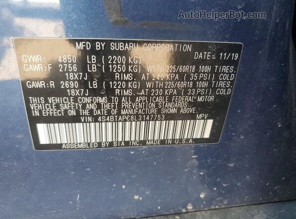 4S4BTAPC8L3147753 2020 SUBARU OUTBACK Blue Вид наклейки з VIN-кодом