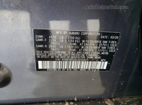 4S4BTAPC9L3200637 2020 SUBARU OUTBACK Серый Панорамный вид салона 360°