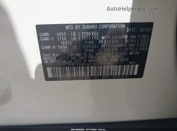 4S4BTAPC9R3252780 2024 SUBARU OUTBACK White Vista del compartimento del motor