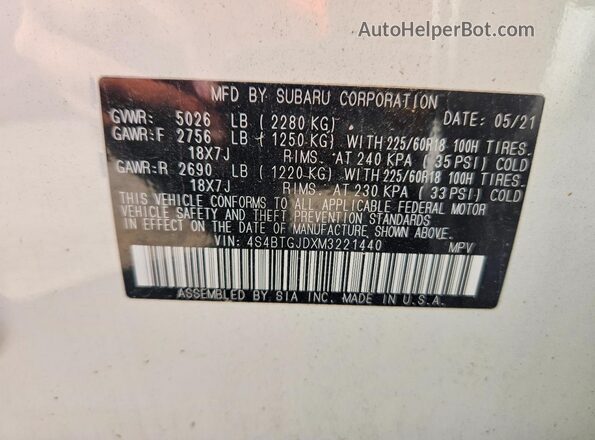 4S4BTGJDXM3221440 2021 SUBARU OUTBACK White Вид підкапотного простору