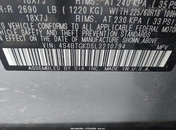 4S4BTGKD5L3210794 2020 SUBARU OUTBACK Silver Vista del compartimento del motor