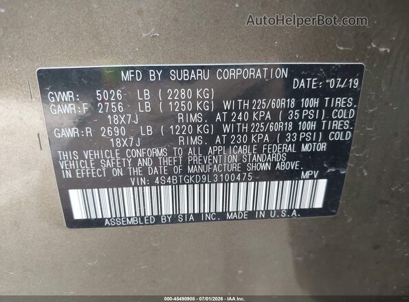 4S4BTGKD9L3100475 2020 SUBARU OUTBACK Green ძრავის განყოფილების ხედი