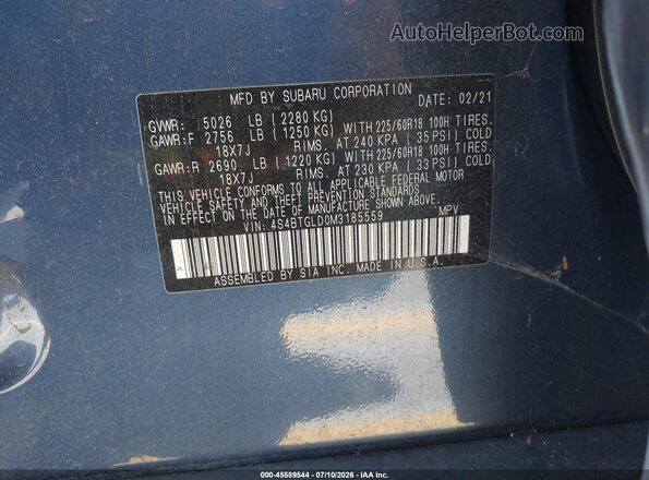 4S4BTGLD0M3185559 2021 SUBARU OUTBACK Blue ძრავის განყოფილების ხედი