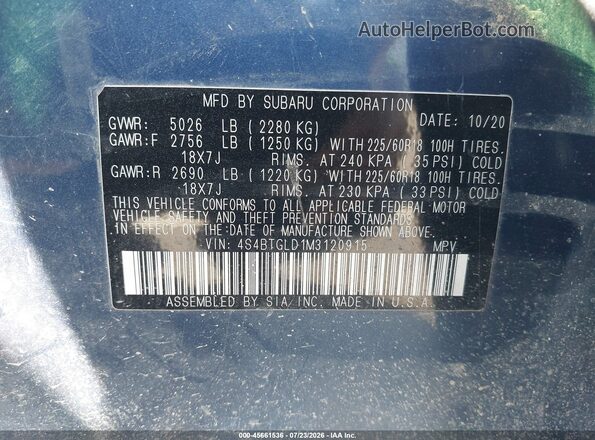 4S4BTGLD1M3120915 2021 SUBARU OUTBACK Blue ძრავის განყოფილების ხედი