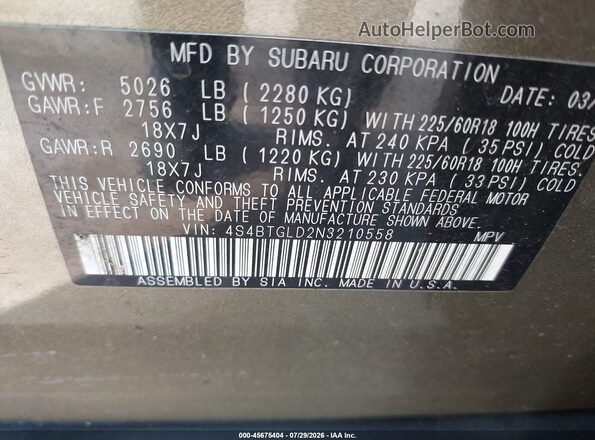 4S4BTGLD2N3210558 2022 SUBARU OUTBACK Green Engine compartment view