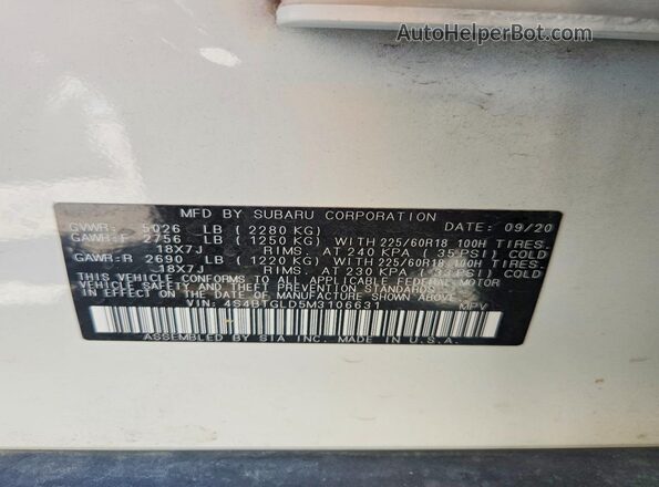 4S4BTGLD5M3106631 2021 SUBARU OUTBACK Белый Вид наклейки с VIN-кодом