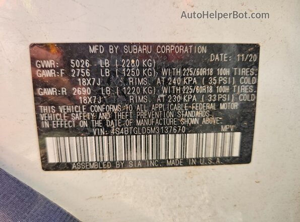4S4BTGLD5M3137670 2021 SUBARU OUTBACK Белый Вид наклейки с VIN-кодом