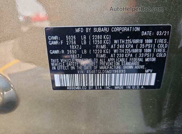 4S4BTGLD5M3196895 2021 SUBARU OUTBACK Зеленый Вид наклейки с VIN-кодом