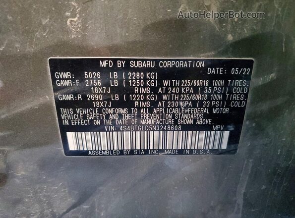 4S4BTGLD5N3248608 2022 SUBARU OUTBACK Зеленый Вид наклейки с VIN-кодом