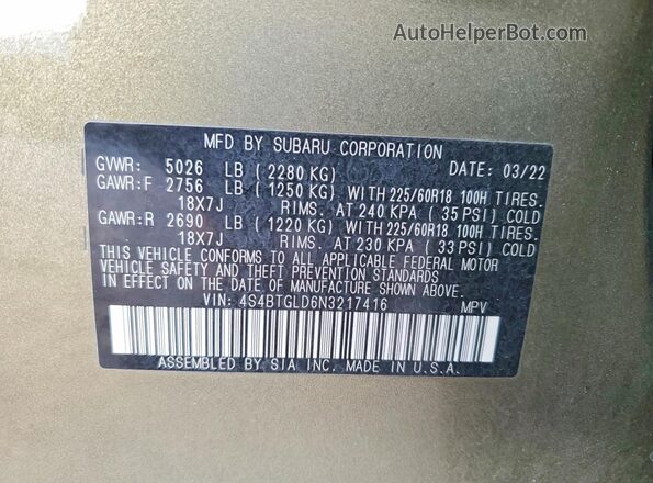 4S4BTGLD6N3217416 2022 SUBARU OUTBACK Green VIN კოდის სტიკერის ხედი