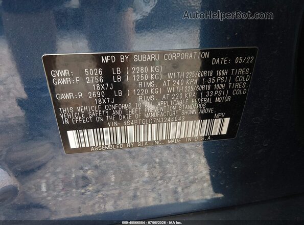 4S4BTGLD7N3244043 2022 SUBARU OUTBACK Синий Вид подкапотного пространства