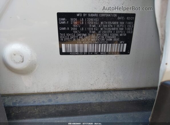 4S4BTGLD8M3187270 2021 SUBARU OUTBACK White ძრავის განყოფილების ხედი