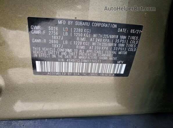 4S4BTGLD8M3216511 2021 SUBARU OUTBACK Green Вид наклейки з VIN-кодом