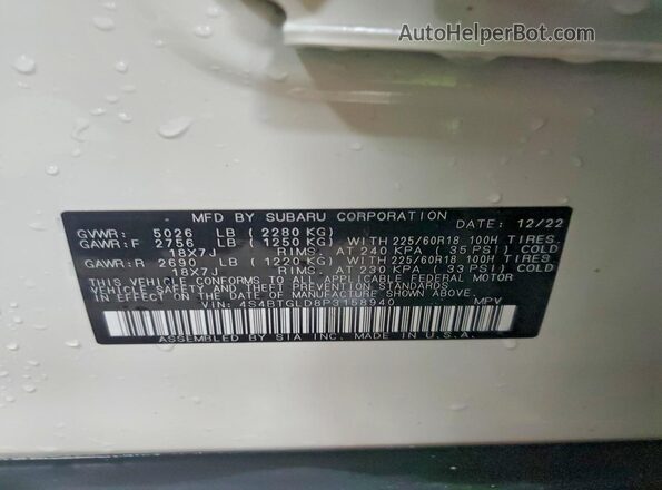4S4BTGLD8P3158940 2023 SUBARU OUTBACK White VIN կոդի պիտակի տեսք