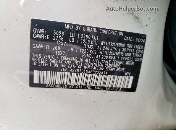 4S4BTGLD8R3232814 2024 SUBARU OUTBACK White Widok naklejki z numerem VIN