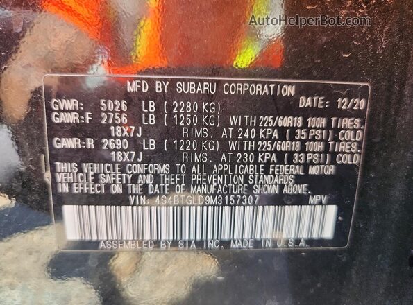 4S4BTGLD9M3157307 2021 SUBARU OUTBACK Black VIN კოდის სტიკერის ხედი