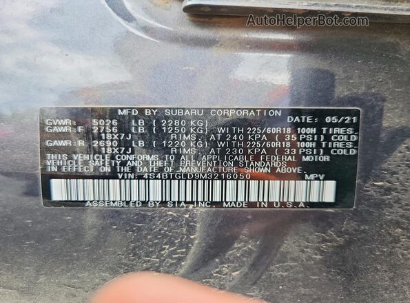 4S4BTGLD9M3216050 2021 SUBARU OUTBACK Charcoal Vista de la etiqueta del VIN