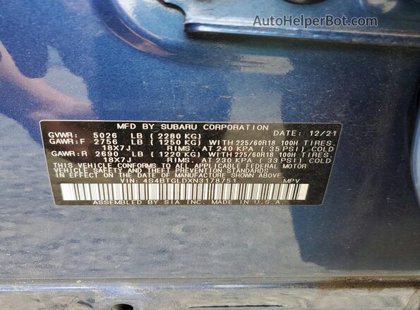 4S4BTGLDXN3178751 2022 SUBARU OUTBACK Blue Vista interior de 360 grados