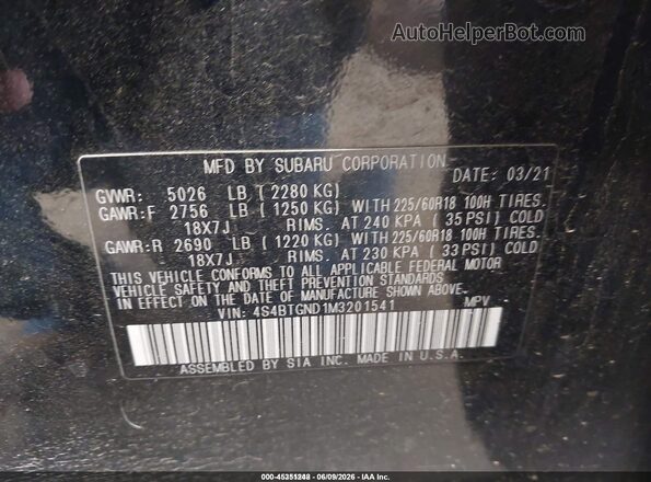 4S4BTGND1M3201541 2021 SUBARU OUTBACK Black Շարժիչի բաժամունքի տեսք