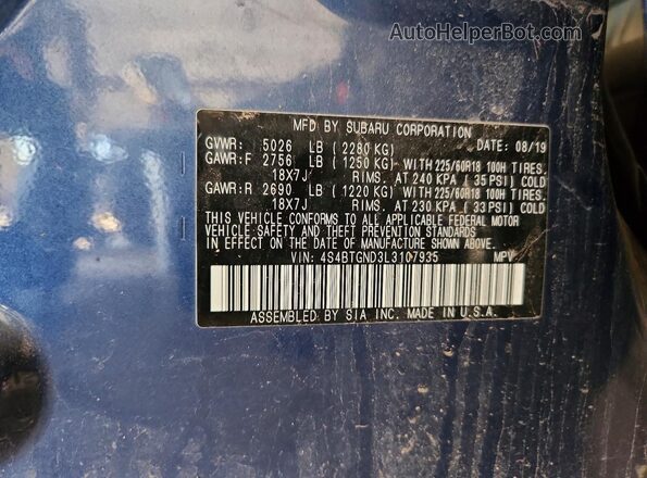4S4BTGND3L3107935 2020 SUBARU OUTBACK Blue VIN კოდის სტიკერის ხედი