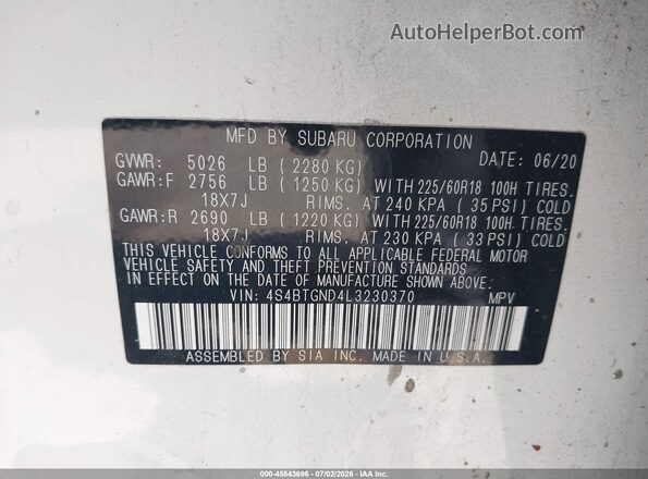 4S4BTGND4L3230370 2020 SUBARU OUTBACK Белый Вид подкапотного пространства