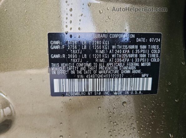 4S4BTGND4S3122927 2025 SUBARU OUTBACK Зеленый Вид наклейки с VIN-кодом
