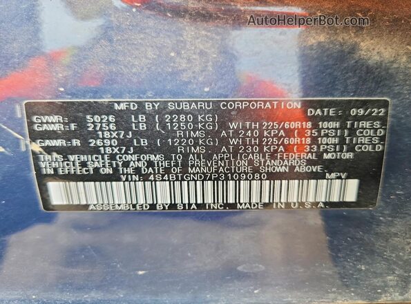 4S4BTGND7P3109080 2023 SUBARU OUTBACK Синий Вид наклейки с VIN-кодом