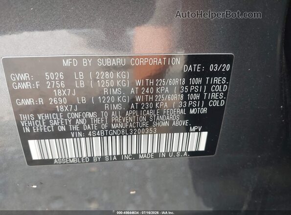 4S4BTGND8L3200353 2020 SUBARU OUTBACK Gray Widok komory silnika