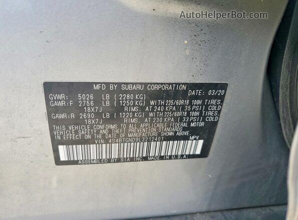 4S4BTGND9L3212401 2020 SUBARU OUTBACK Silver VIN კოდის სტიკერის ხედი