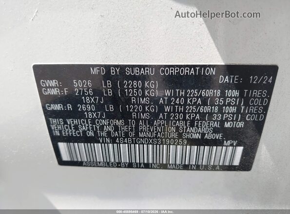 4S4BTGNDXS3190259 2025 SUBARU OUTBACK White ძრავის განყოფილების ხედი