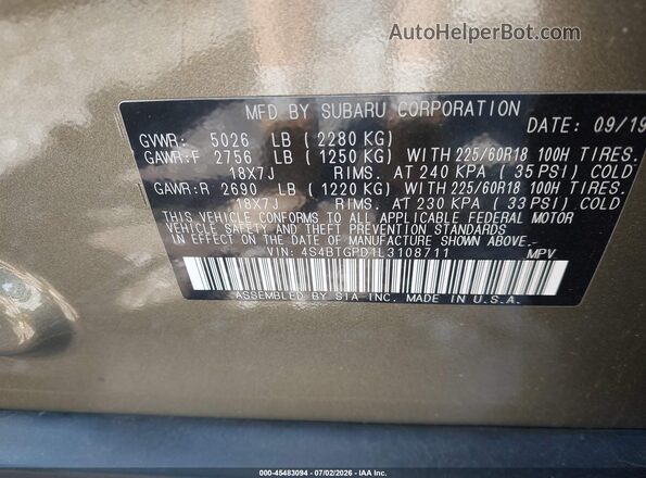 4S4BTGPD1L3108711 2020 SUBARU OUTBACK Зеленый Вид подкапотного пространства