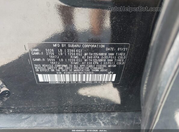 4S4BTGPD1M3166884 2021 SUBARU OUTBACK Black Engine compartment view