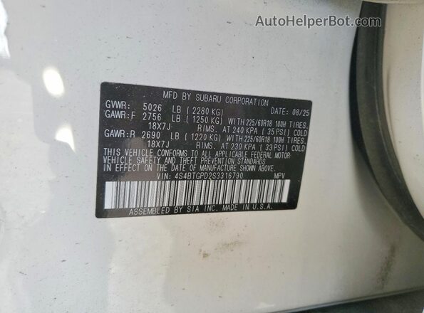 4S4BTGPD2S3316790 2025 SUBARU OUTBACK White VIN կոդի պիտակի տեսք