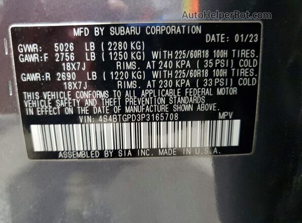 4S4BTGPD3P3165708 2023 SUBARU OUTBACK Серый Вид наклейки с VIN-кодом