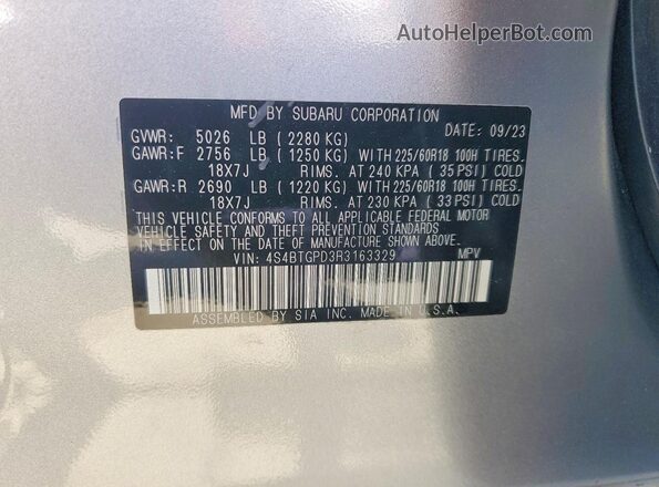 4S4BTGPD3R3163329 2024 SUBARU OUTBACK Silver VIN კოდის სტიკერის ხედი