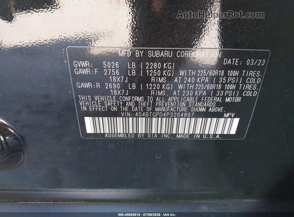 4S4BTGPD4P3204807 2023 SUBARU OUTBACK Black Շարժիչի բաժամունքի տեսք