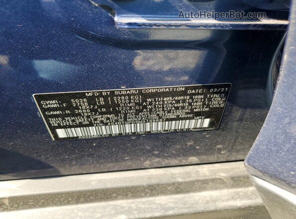 4S4BTGPD5M3198687 2021 SUBARU OUTBACK Blue Vista de la etiqueta del VIN