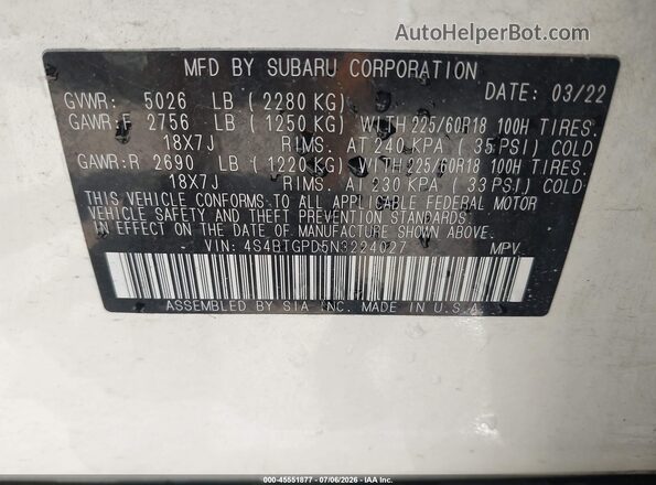 4S4BTGPD5N3224027 2022 SUBARU OUTBACK White Vista del compartimento del motor