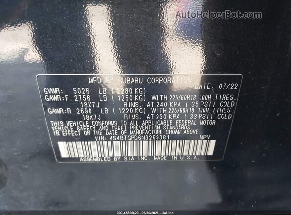 4S4BTGPD6N3269381 2022 SUBARU OUTBACK Black Widok komory silnika