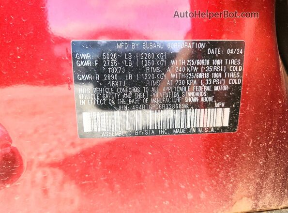 4S4BTGPD6R3286896 2024 SUBARU OUTBACK Красный Вид наклейки с VIN-кодом