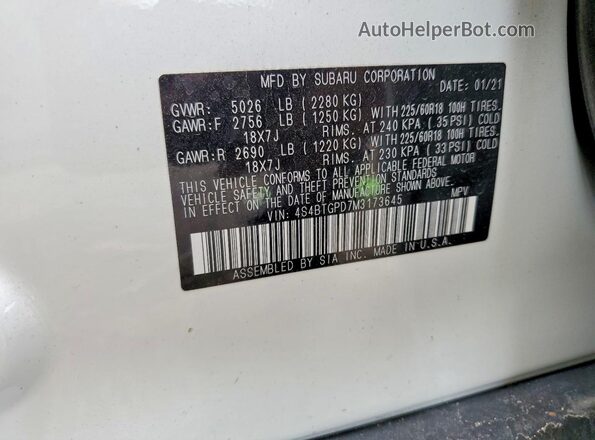 4S4BTGPD7M3173645 2021 SUBARU OUTBACK White Вид наклейки з VIN-кодом