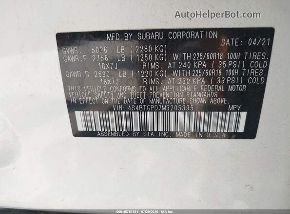 4S4BTGPD7M3205395 2021 SUBARU OUTBACK White Widok komory silnika
